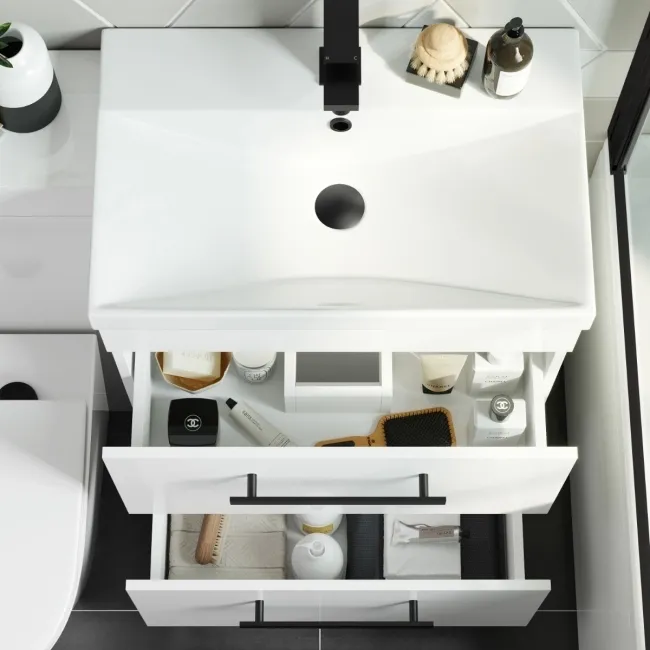 Avon Gloss White Combination Basin Drawer and Boston Toilet 1100mm - Black Accents