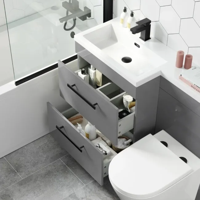 Avon Stone Grey Combination Basin Drawer and Boston Toilet 1100mm - Black Accents - Left Handed