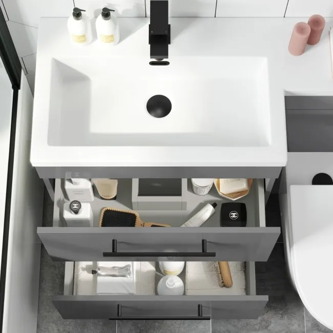 Avon Stone Grey Combination Basin Drawer and Boston Toilet 1100mm - Black Accents - Left Handed