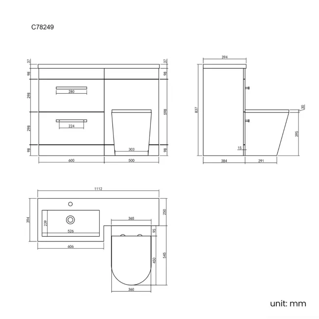 Avon Stone Grey Combination Basin Drawer and Boston Toilet 1100mm - Black Accents - Left Handed