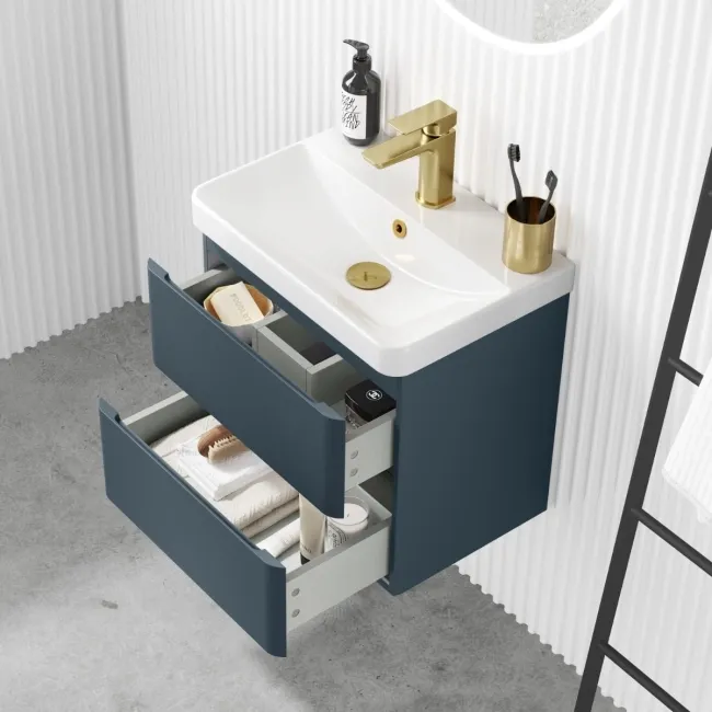 Corsica Inky Blue Wall Hung Slimline Basin Drawer Vanity 500mm