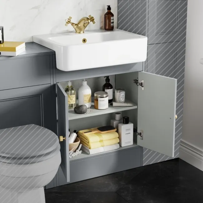 Monaco Dove Grey Basin Vanity and Back To Wall Toilet Unit 1200mm (No Toilet) - Brass Accents