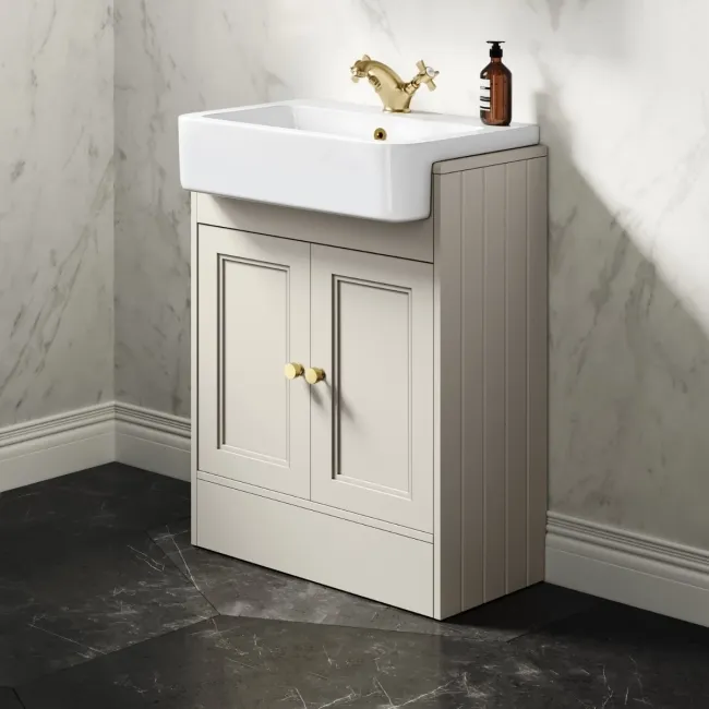 Monaco Chalk White Basin Vanity 600mm - Brushed Brass Accents