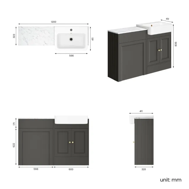 Monaco Graphite Grey Vanity Basin with Marble Top 1200mm (No Pan & Cistern) - Brushed Brass Accents