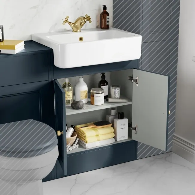 Monaco Inky Blue Basin Vanity and Toilet Unit 1200mm (No Pan & Cistern) - Brushed Brass Accents