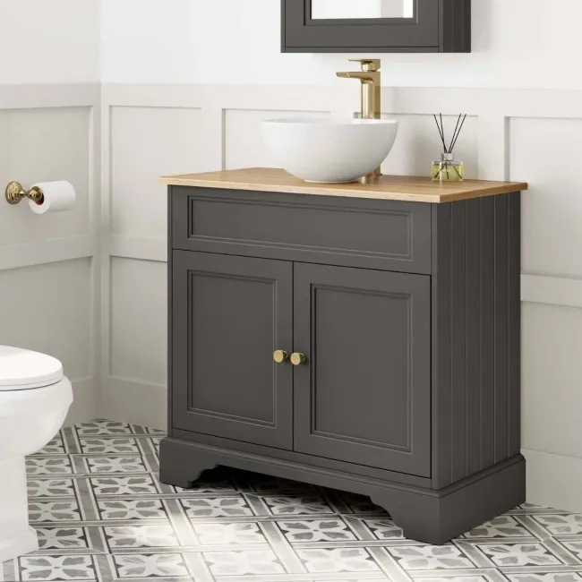 Lucia Graphite Grey Vanity with Oak Effect Top & Round Counter Top Basin 840mm - Brass Accents