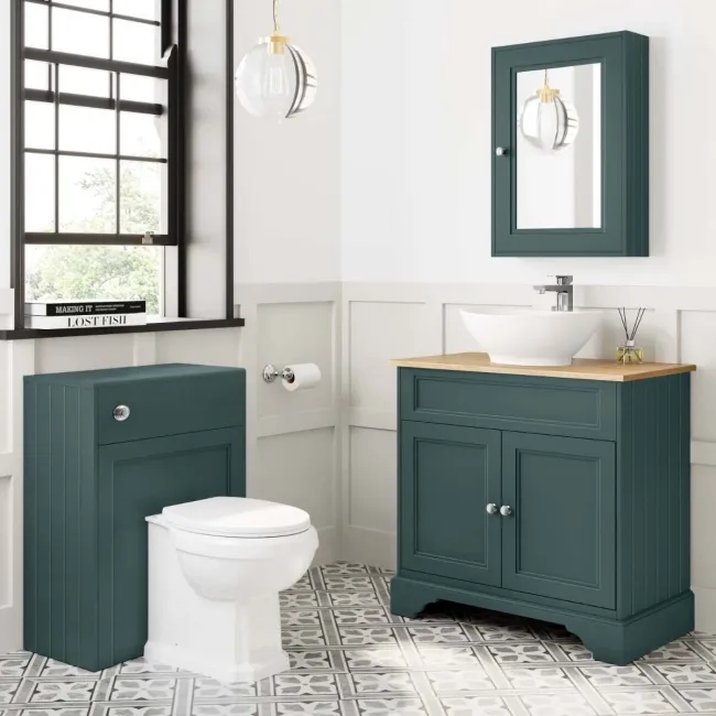 Lucia Midnight Green Vanity with Oak Effect Top & Oval Counter Top Basin 840mm