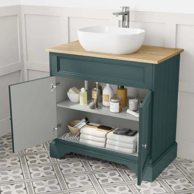 Lucia Midnight Green Vanity with Oak Effect Top & Curved Counter Top Basin 840mm