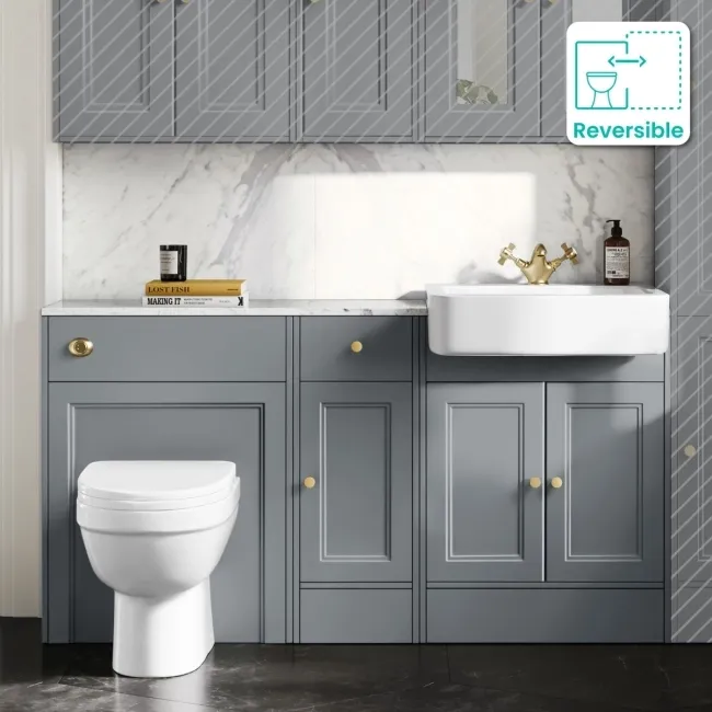 Monaco Dove Grey Vanity Basin with Marble Top and Seattle Toilet 1500mm - Brushed Brass Accents