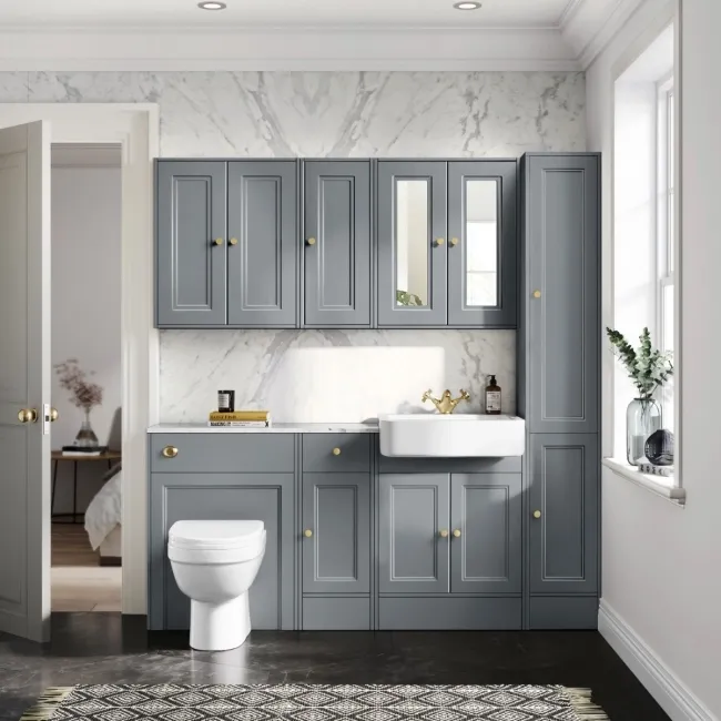 Monaco Dove Grey Vanity Basin with Marble Top and Seattle Toilet 1500mm - Brushed Brass Accents