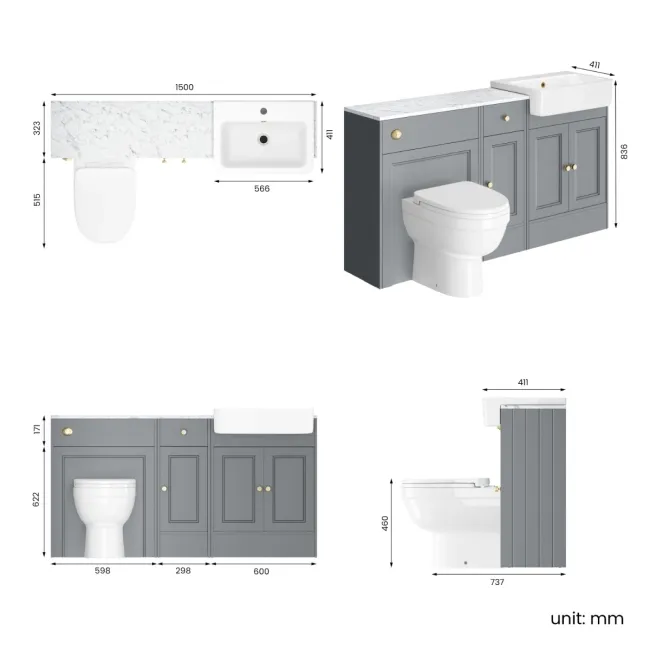 Monaco Dove Grey Vanity Basin with Marble Top and Seattle Toilet 1500mm - Brushed Brass Accents