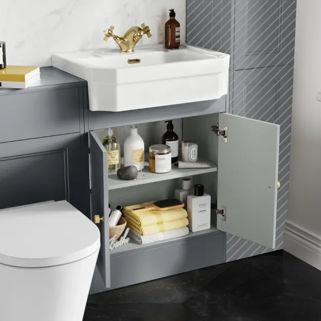 Monaco Dove Grey Vanity Traditional Basin and Boston Toilet 1200mm - Brushed Brass Accents