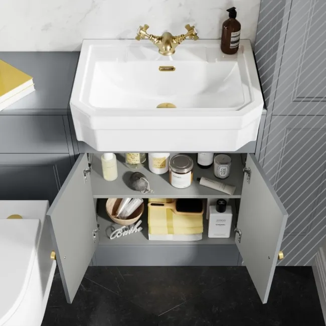 Monaco Dove Grey Vanity Traditional Basin and Boston Toilet 1200mm - Brushed Brass Accents