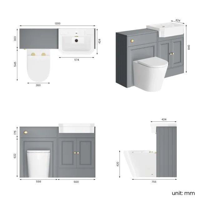 Monaco Dove Grey Vanity Traditional Basin and Boston Toilet 1200mm - Brushed Brass Accents