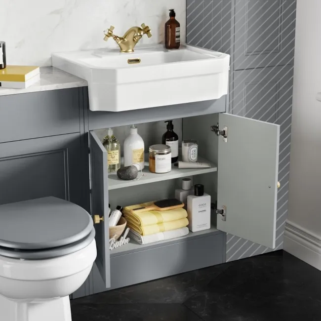 Monaco Dove Grey Vanity Traditional Basin Marble Top & Hudson Toilet 1200mm - Brass Accents
