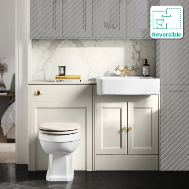 Monaco Chalk White Vanity Basin and Hudson Toilet with Wooden Seat 1200mm - Brushed Brass Accents