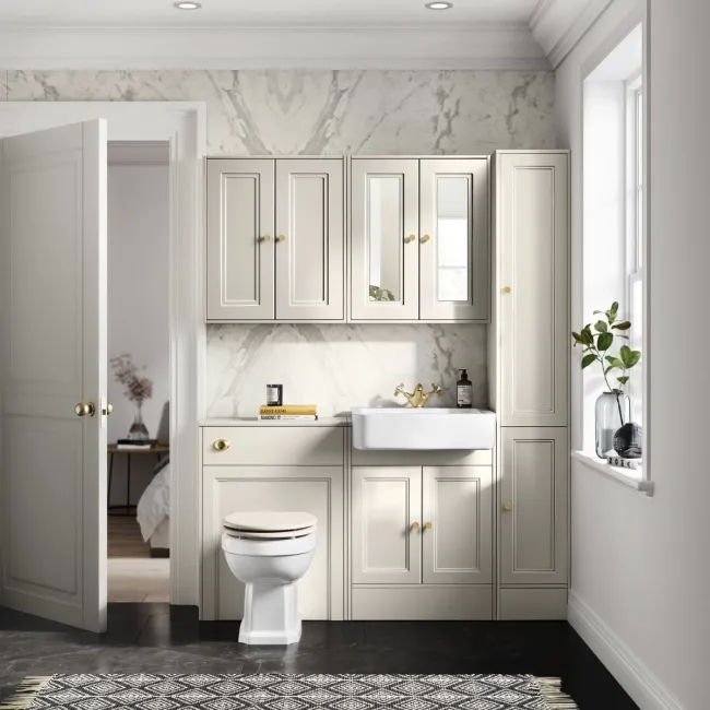 Monaco Chalk White Vanity Basin and Hudson Toilet with Wooden Seat 1200mm - Brushed Brass Accents