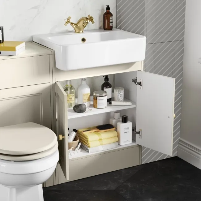 Monaco Chalk White Vanity Basin and Hudson Toilet with Wooden Seat 1200mm - Brushed Brass Accents