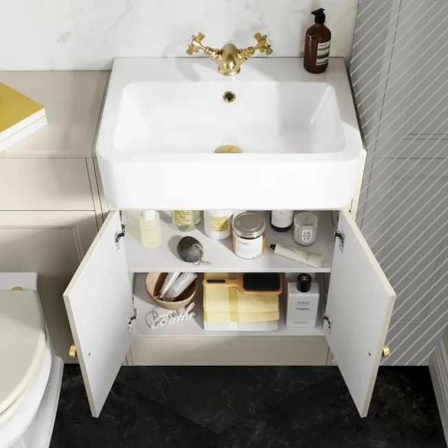 Monaco Chalk White Vanity Basin and Hudson Toilet with Wooden Seat 1200mm - Brushed Brass Accents