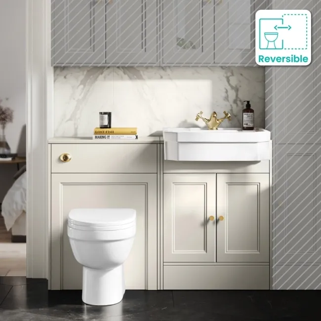 Monaco Chalk White Vanity Traditional Basin and Seattle Toilet 1200mm - Brushed Brass Accents