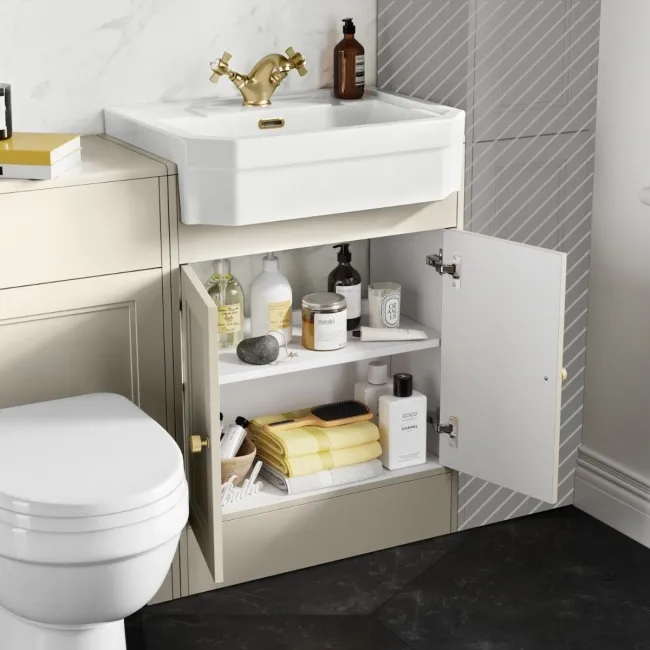 Monaco Chalk White Vanity Traditional Basin and Seattle Toilet 1200mm - Brushed Brass Accents
