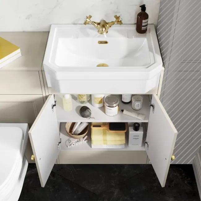 Monaco Chalk White Vanity Traditional Basin and Seattle Toilet 1200mm - Brushed Brass Accents