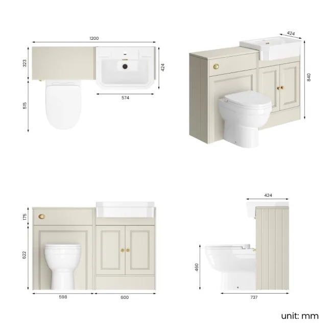 Monaco Chalk White Vanity Traditional Basin and Seattle Toilet 1200mm - Brushed Brass Accents
