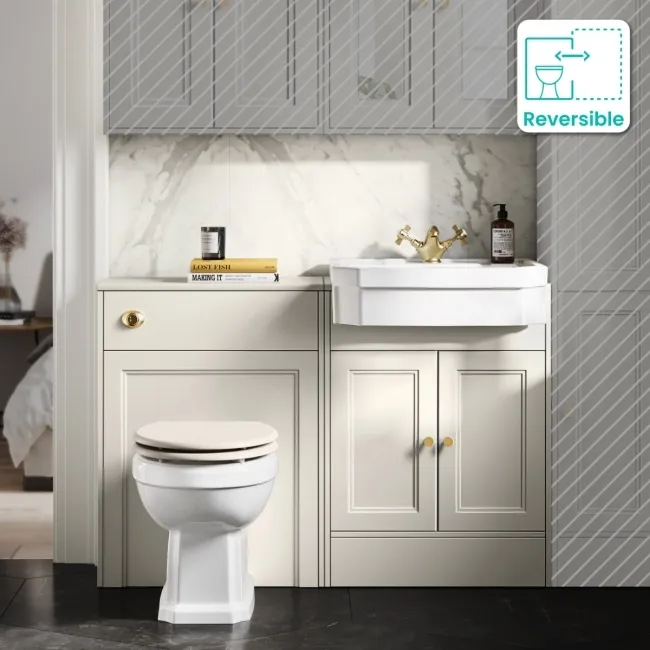 Monaco Chalk White Vanity Traditional Basin and Hudson Toilet Wooden Seat 1200mm - Brass Accents