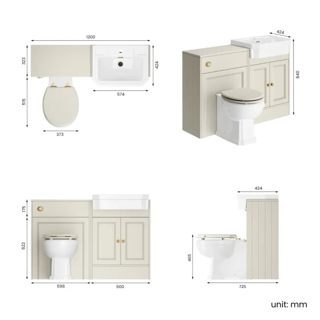 Monaco Chalk White Vanity Traditional Basin and Hudson Toilet Wooden Seat 1200mm - Brass Accents