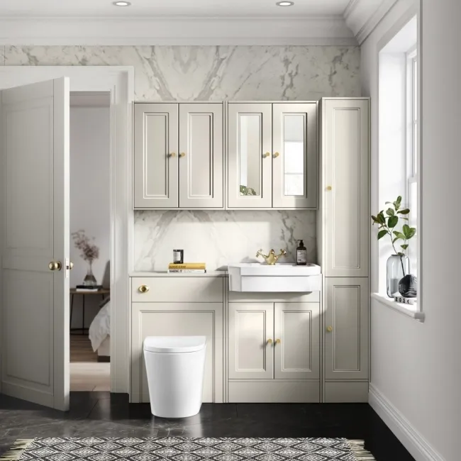 Monaco Chalk White Vanity Traditional Basin and Boston Toilet 1200mm - Brushed Brass Accents