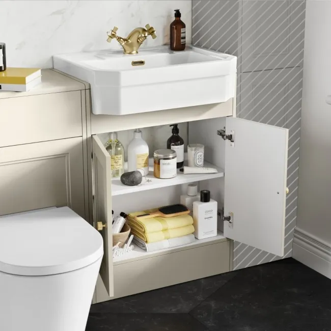 Monaco Chalk White Vanity Traditional Basin and Boston Toilet 1200mm - Brushed Brass Accents