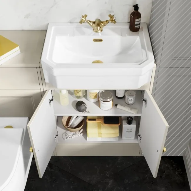 Monaco Chalk White Vanity Traditional Basin and Boston Toilet 1200mm - Brushed Brass Accents