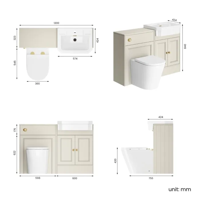 Monaco Chalk White Vanity Traditional Basin and Boston Toilet 1200mm - Brushed Brass Accents