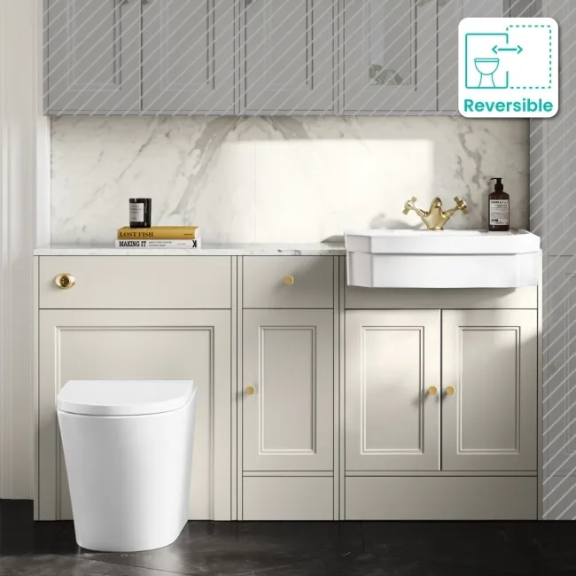 Monaco Chalk White Vanity Traditional Basin Marble Top and Boston Toilet 1500mm - Brass Accents