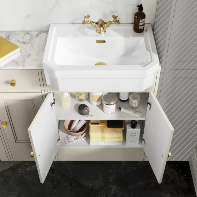 Monaco Chalk White Vanity Traditional Basin Marble Top and Boston Toilet 1500mm - Brass Accents