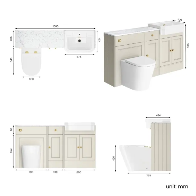 Monaco Chalk White Vanity Traditional Basin Marble Top and Boston Toilet 1500mm - Brass Accents