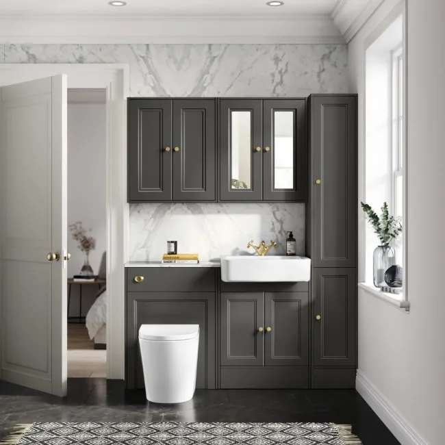 Monaco Graphite Grey Vanity Basin with Marble Top & Boston Toilet 1200mm - Brushed Brass Accents