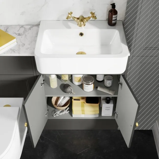 Monaco Graphite Grey Vanity Basin with Marble Top & Boston Toilet 1200mm - Brushed Brass Accents
