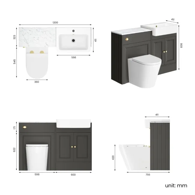 Monaco Graphite Grey Vanity Basin with Marble Top & Boston Toilet 1200mm - Brushed Brass Accents