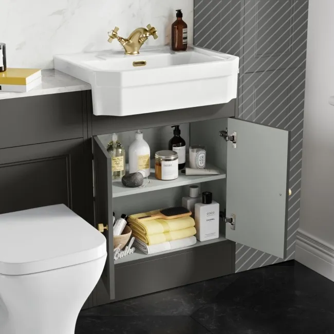 Monaco Graphite Grey Vanity Traditional Basin Marble Top & Atlanta Toilet 1200mm - Brass Accents