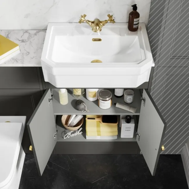 Monaco Graphite Grey Vanity Traditional Basin Marble Top & Atlanta Toilet 1200mm - Brass Accents