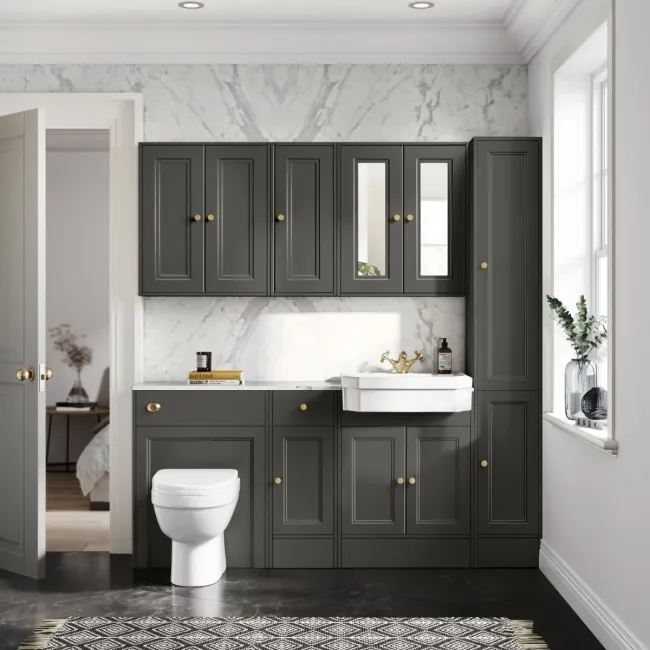 Monaco Graphite Grey Vanity Traditional Basin Marble Top and Seattle Toilet 1500mm - Brass Accents