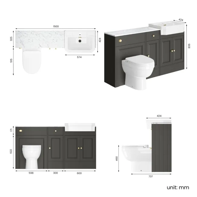 Monaco Graphite Grey Vanity Traditional Basin Marble Top and Seattle Toilet 1500mm - Brass Accents