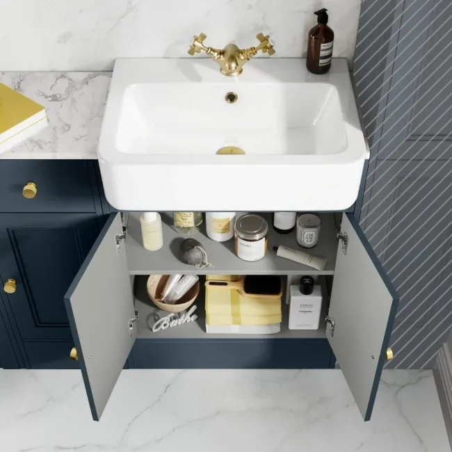 Monaco Inky Blue Vanity Basin with Marble Top and Boston Toilet 1500mm - Brushed Brass Accents