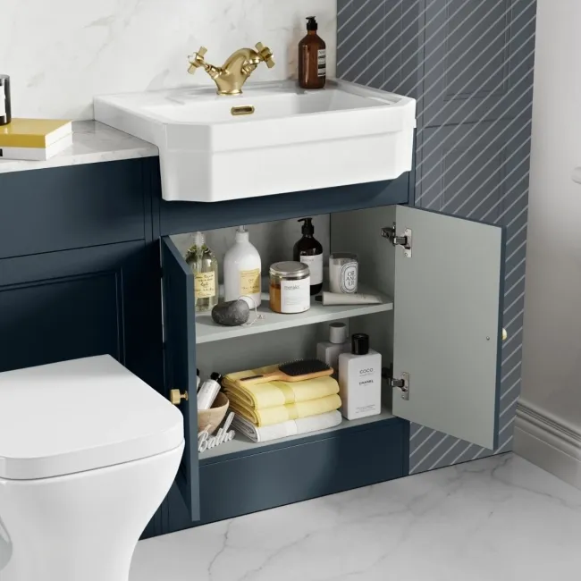Monaco Inky Blue Vanity Traditional Basin with Marble Top & Atlanta Toilet 1200mm - Brass Accents
