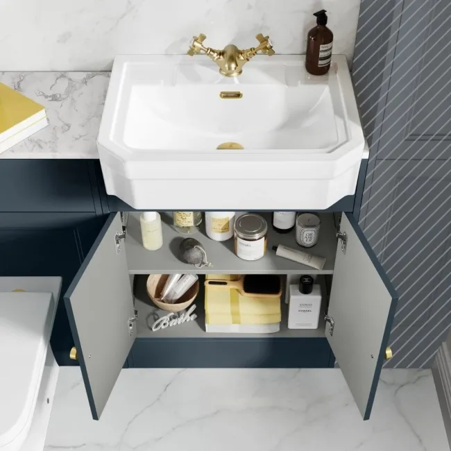 Monaco Inky Blue Vanity Traditional Basin with Marble Top & Atlanta Toilet 1200mm - Brass Accents