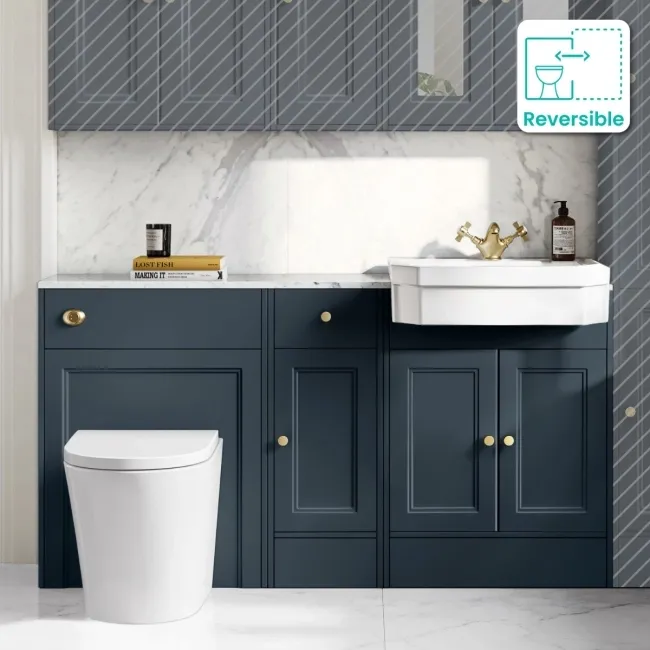 Monaco Inky Blue Vanity Traditional Basin with Marble Top and Boston Toilet 1500mm - Brass Accents