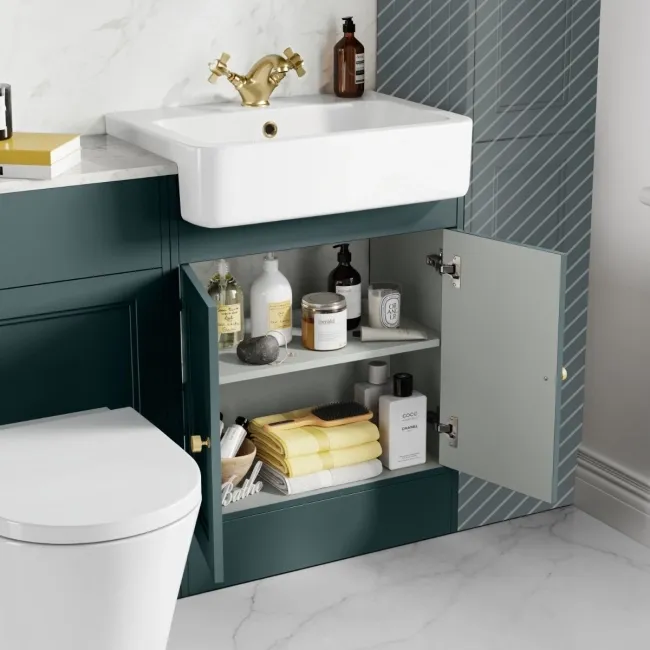 Monaco Midnight Green Vanity Basin with Marble Top & Boston Toilet 1200mm - Brushed Brass Accents