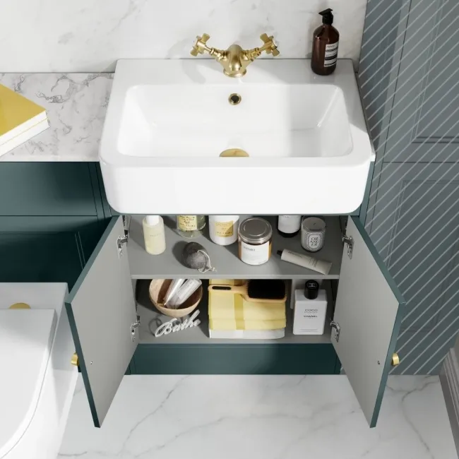 Monaco Midnight Green Vanity Basin with Marble Top & Boston Toilet 1200mm - Brushed Brass Accents
