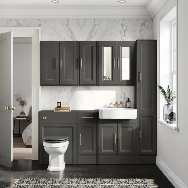 Monaco Graphite Grey Vanity Basin and Hudson Toilet with Wooden Seat 1500mm - Brass Knurled Handles